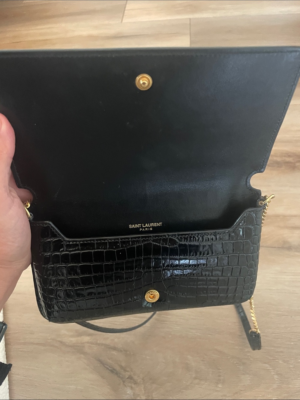 Saint Laurent Black Croc-Embossed Leather Shoulder Bag with Gold Hardware - Picture 7 of 9